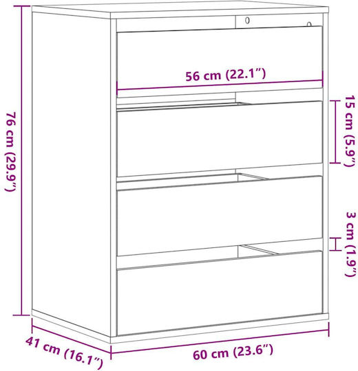 Wooden Chest of Drawers with 4 Drawers Grey 60x41x76cm