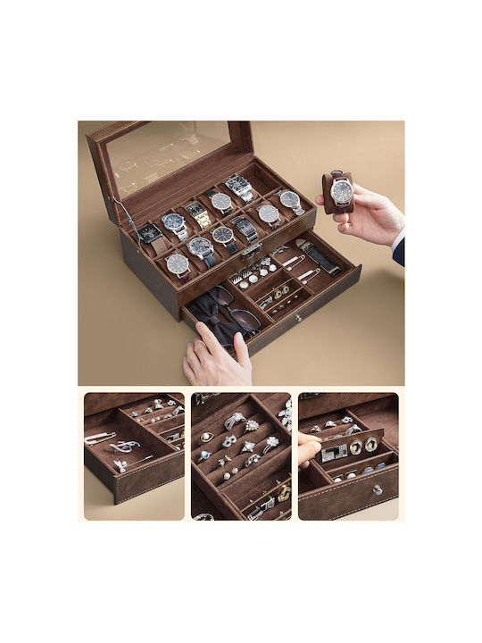 Songmics Дървена Кутия За Бижутерии с Чекмедже Кафява 33x19.5x14см