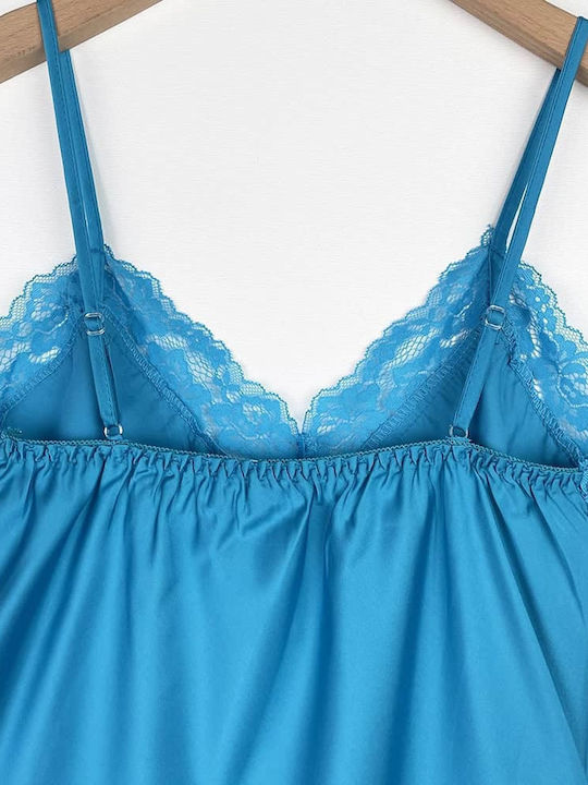 Women's Satin Short Nightgown Adjustable Straps Slim Fit Turquoise