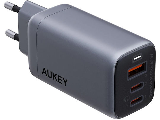 Aukey Charger Without Cable GaN with USB-A Port and 2 USB-C Ports 67W Power Delivery Gray (PA-B6U)