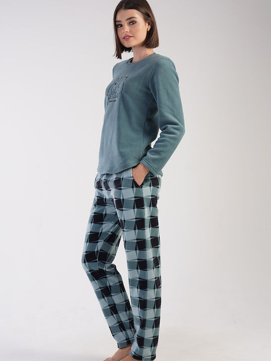 Vienetta Women's Winter Fleece Pyjamas "you & Me Forever & Always" Checkered Pants-304192 Petrol