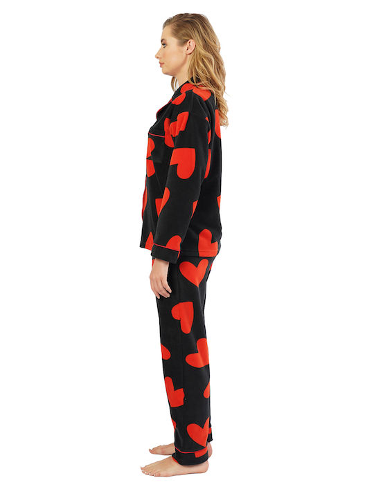 Pijamale de iarnă din polar Vienetta pentru femei cu nasturi inimă-103211 Negru-Roșu