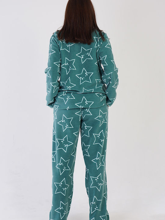 Pijamale Vienetta pentru femei din polar de iarnă cu inimioare, mărimi mari 1XL-4XL, 304043a, verde Laurel