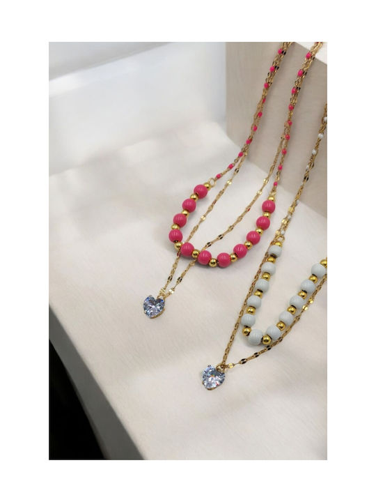 Necklace Steel Gold Double Chain Pink Beads Heart Zircon