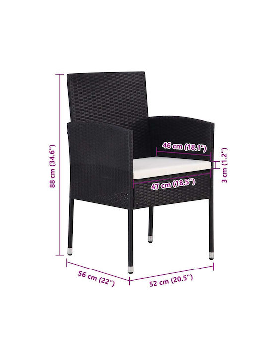 Outdoor-Stuhl Rattan Black Velvet-Black Metal mit Kissen 2Stück 52x56x88εκ.