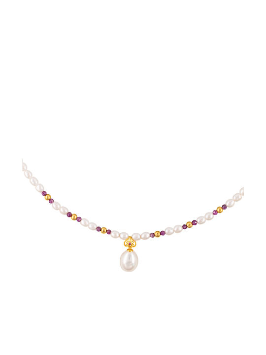 Necklace K18 Gold Pendant Pearls Rubies F125508