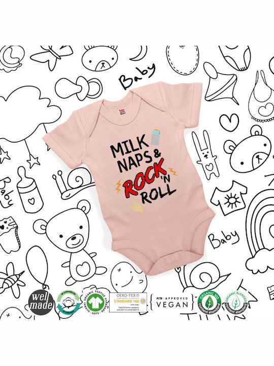 Koupakoupa Milk Naps And Rock N' Roll Baby Bodysuit Underwear Short-Sleeved Pink Powder