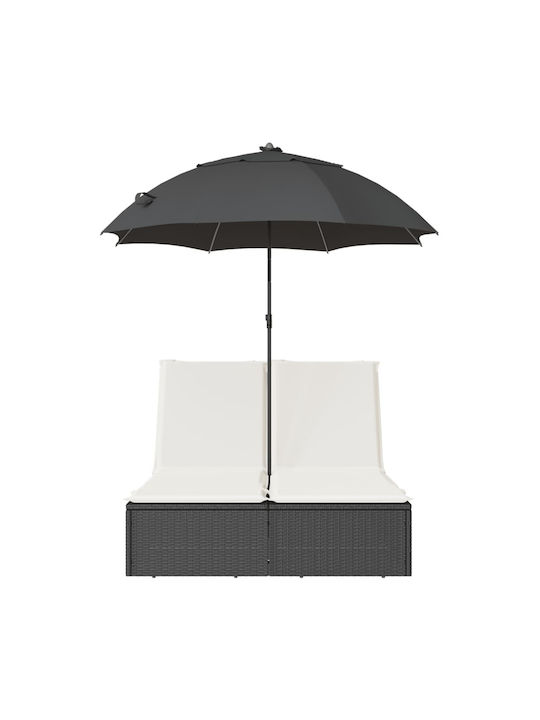 Ξαπλώστρα Διπλή Rattan με Μαξιλάρι & Σκίαστρο Μαύρη 110x200εκ.