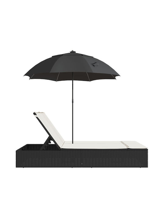 Ξαπλώστρα Διπλή Rattan με Μαξιλάρι & Σκίαστρο Μαύρη 110x200εκ.