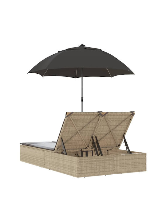 Liegestuhl Doppelter Rattan mit Kissen & Sonnenschirm Beige 110x200cm.
