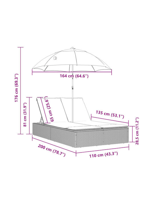 Șezlong Dublu Rattan cu Pernă și Parasolar Gri 110x200cm