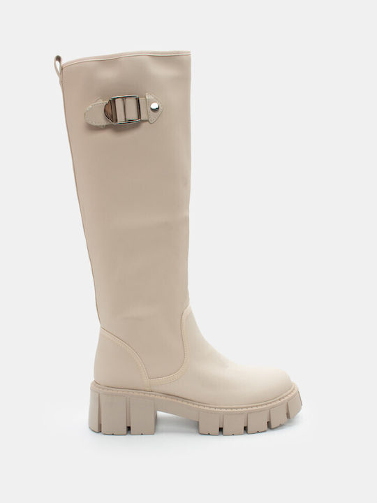 Luigi Synthetic Leather Medium Heel Women's Boots with Fur Beige