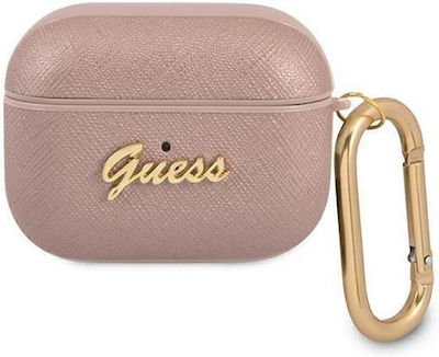 Guess Script Metal Logo Hülle Kunststoff mit Haken in Rosa Farbe für Apple AirPods 3