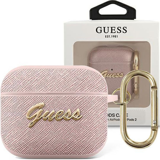 Guess Script Metal Logo Θήκη Πλαστική με Γάντζο σε Ροζ χρώμα για Apple AirPods 3