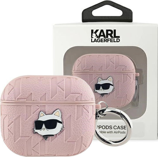 Karl Lagerfeld Choupette Head Θήκη Δερμάτινη με Γάντζο σε Ροζ χρώμα για Apple AirPods Pro