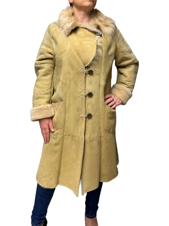 Mouton Damen beige Mantel mit Fellbesatz