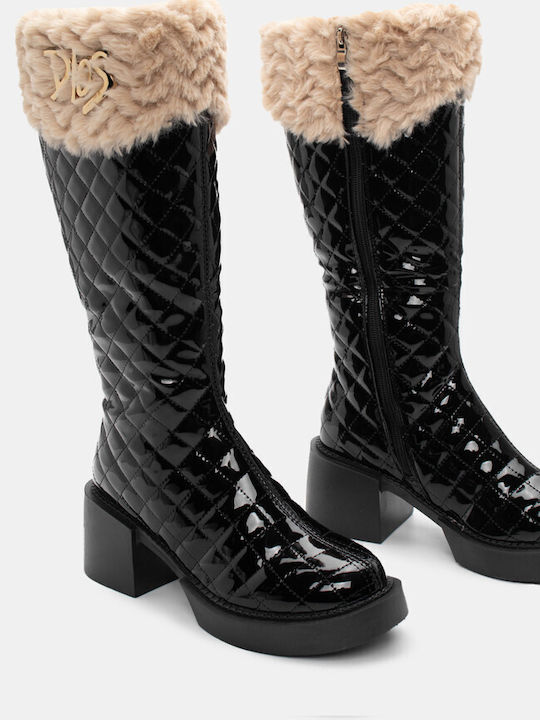 Luigi Synthetic Leather Medium Heel Women's Boots with Zipper & Fur Black