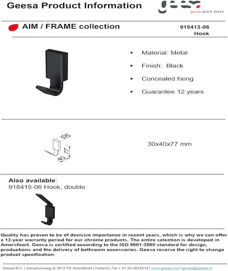 Geesa Frame Single Wall-Mounted Bathroom Hook ​4x7.7cm Black Matt