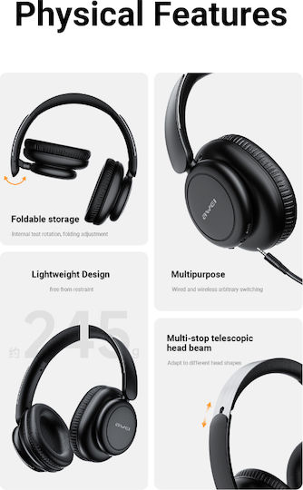Awei Wireless / Wired Over Ear Headphones with 16 hours of Operation Black