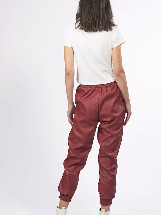 Leather pants with elastic waistband that adjusts with drawstrings DEEP RED
