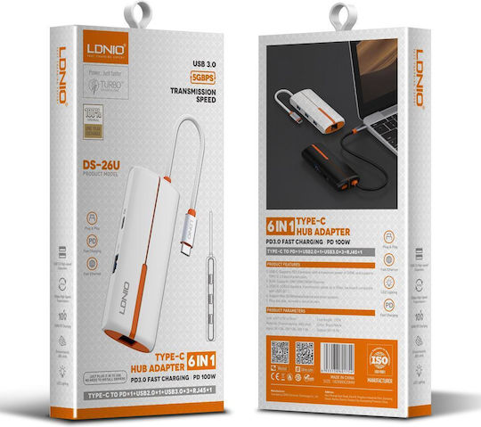 Ldnio USB-Hub 4 Anschlüsse USB 3.0 mit USB-C Anschluss Ethernet Weiß