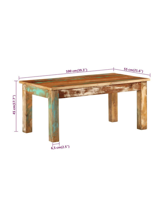 Rectangular Central Coffee Table Made of Solid Wood Multicolour W100xD55xH45cm