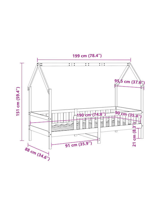 Pat pentru Copii Single Maro pentru Saltea 90x190cm