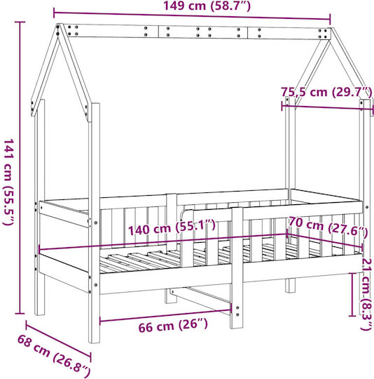 Παιδικό Κρεβάτι Μονό Καφέ για Στρώμα 70x140cm