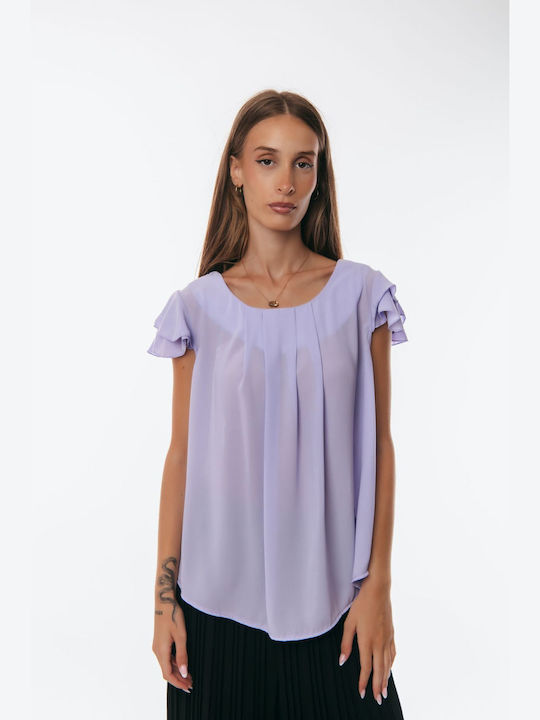 Blouse with Short Ruffled Sleeves Lilac One Size