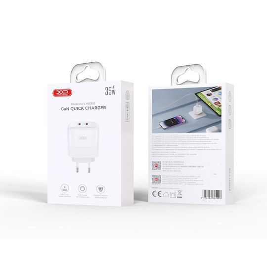 XO Φορτιστής Χωρίς Καλώδιο GaN με 2 Θύρες USB-C 35W Quick Charge 3.0 Λευκός (L140)