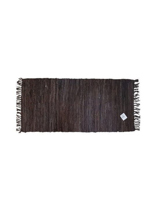 Chios Hellas Corridor Rug Leather for Fireplace with Fringes Brown