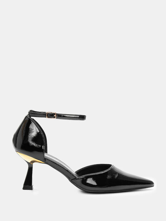 Luigi Patent Leather Pointed Toe Black High Heels with Strap