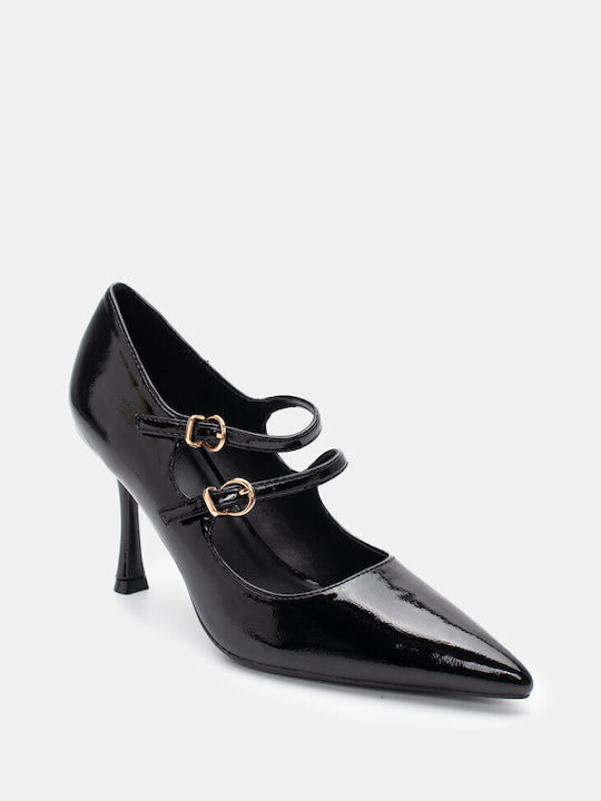 Luigi Patent Leather Pointed Toe Black High Heels with Strap