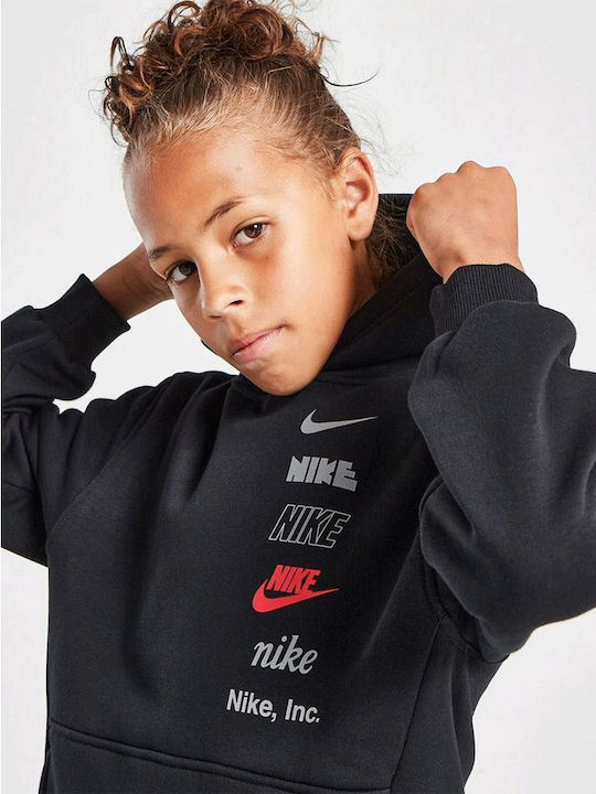 Полар Детски Суичър с Качулка и Джобове Черен Sportswear Club