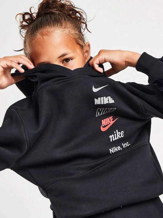 Полар Детски Суичър с Качулка и Джобове Черен Sportswear Club