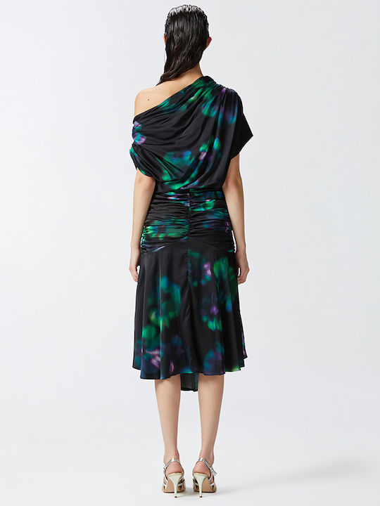 Dreux Midi Black Floral Satin Dress