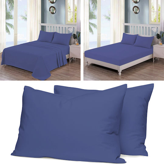 Casa Colori Set Dublu 4buc 140x200+30cm cu Elastic Albastru