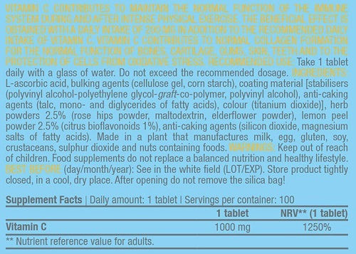 Biotech USA Vitamin C Βιταμίνη για Ενίσχυση του Ανοσοποιητικού, τo Δέρμα & Αντιοξειδωτική δράση 1000mg 250 ταμπλέτες