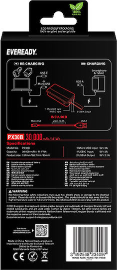 Eveready PX30B Power Bank 30000mAh cu 2 Porturi USB-A Negru