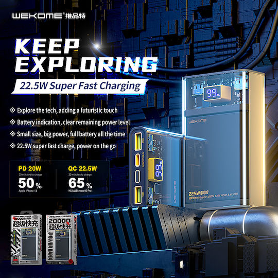 WK WP-321 Power Bank 20000mAh 20W with 2 USB-A Output Ports and USB-C Power Delivery / Quick Charge Black