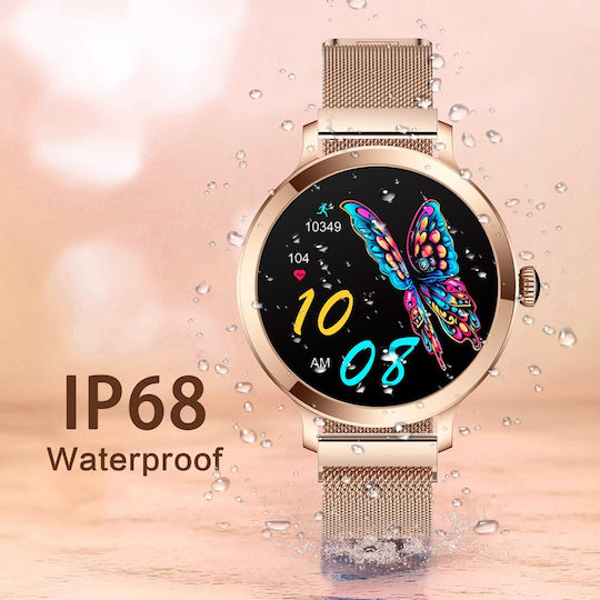 Aoke NX7 Pro Smartwatch με Παλμογράφο (Ροζ - Χρυσή Κάσα / Ροζ - Χρυσό Μεταλλικό Λουρί)
