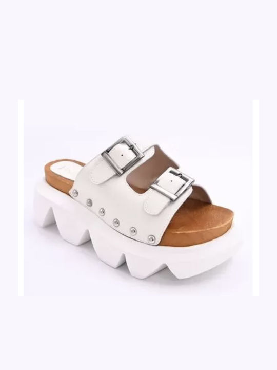 Favela Liv Leather Women's Flat Sandals Flatforms in White Color