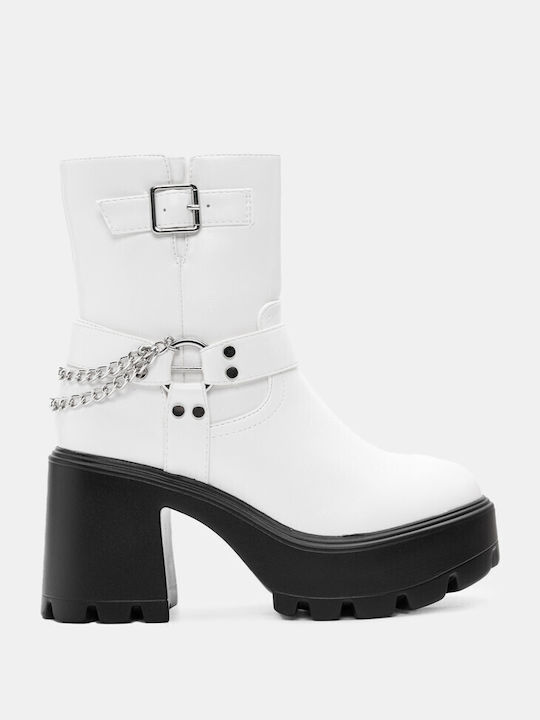 Platform Ankle Boots with Decorative Chain 4308004-white