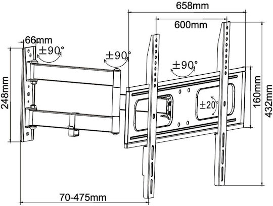 Cabletech UCH0210 Suport TV tavan cu braț până la 70" și 50kg Negru