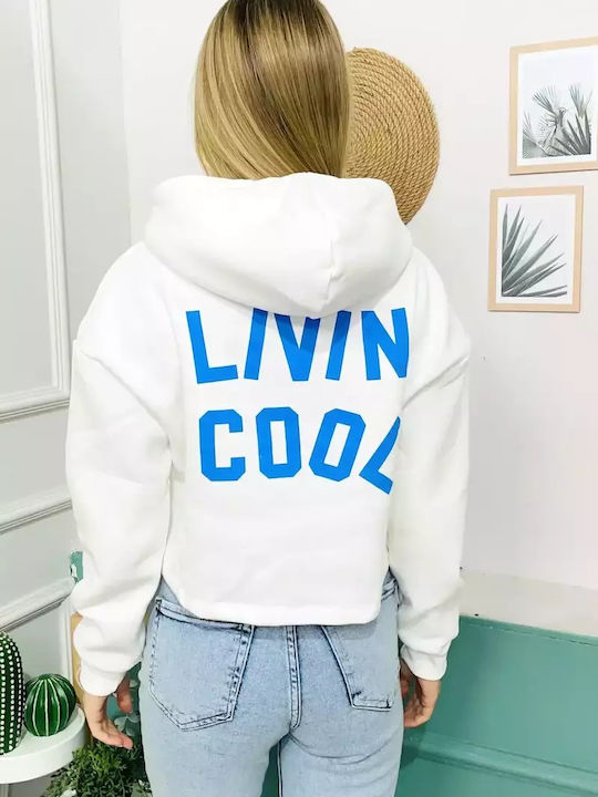 White Crop Hooded Sweatshirt with Hood