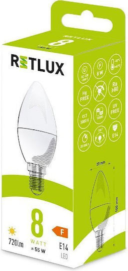 Retlux Λάμπα LED 8W για Ντουί E14 και Σχήμα C37 Θερμό Λευκό 720lm