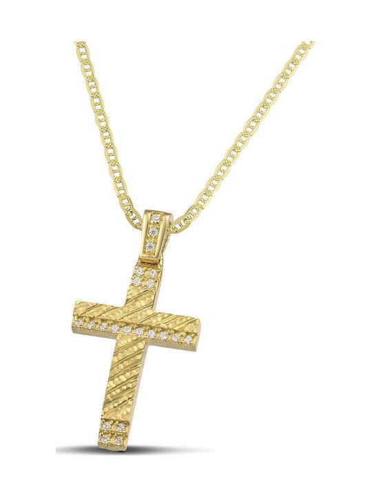 Themelidis Jewels Γυναικείος Χρυσός Σταυρός 14Κ Διπλής Όψης με Αλυσίδα