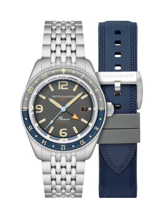 Spinnaker Fleuss GMT Automatik Uhr Silbernes Metallarmband Blaues Kautschukarmband SP-5120-11