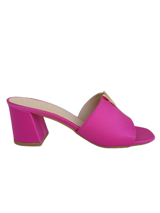 Damen Satin-Mules mit dekorativem V und dickem Absatz 1665.FU Fuchsia