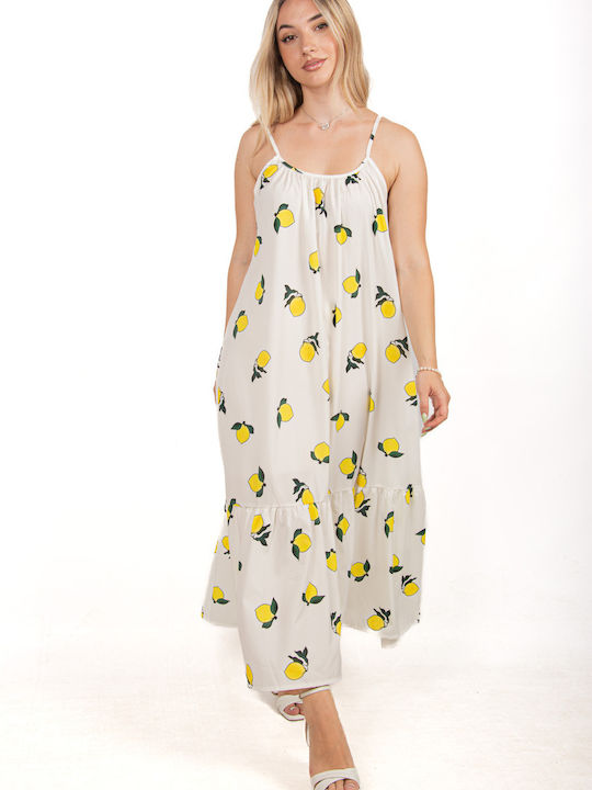 Lemon Print Strappy Dress White